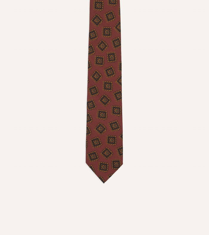 Brown Jumbled Tile Print Wool-Silk Self Tipped Tie