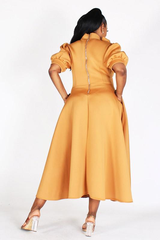 BUBBLE SLEEVE, NECK BOW, FIT AND FLAIR MIDI DRESS