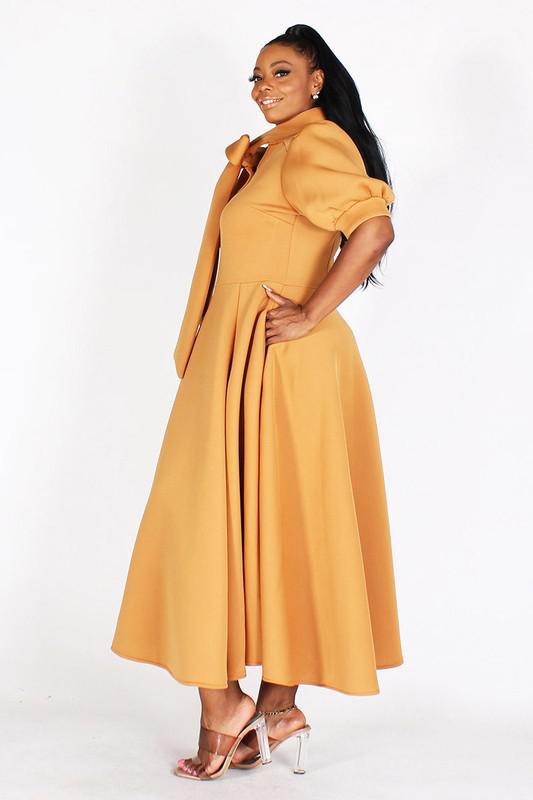 BUBBLE SLEEVE, NECK BOW, FIT AND FLAIR MIDI DRESS