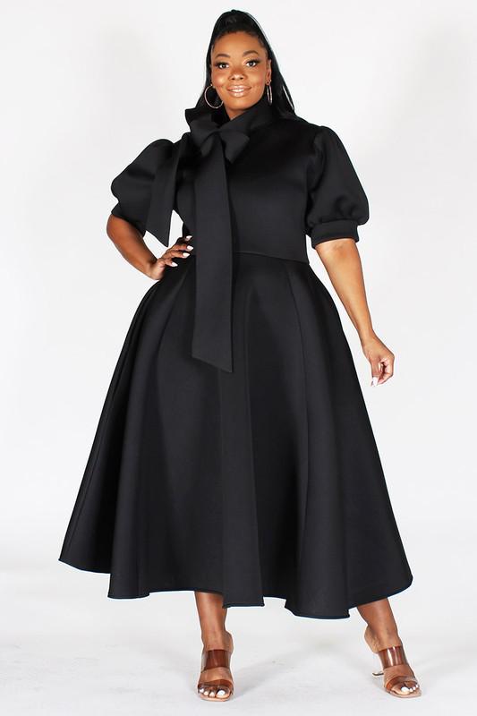 BUBBLE SLEEVE, NECK BOW, FIT AND FLAIR MIDI DRESS
