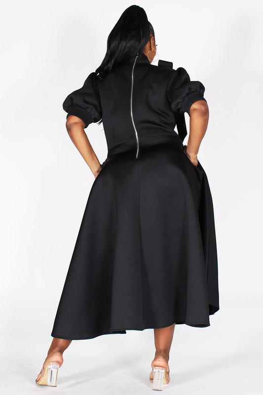 BUBBLE SLEEVE, NECK BOW, FIT AND FLAIR MIDI DRESS