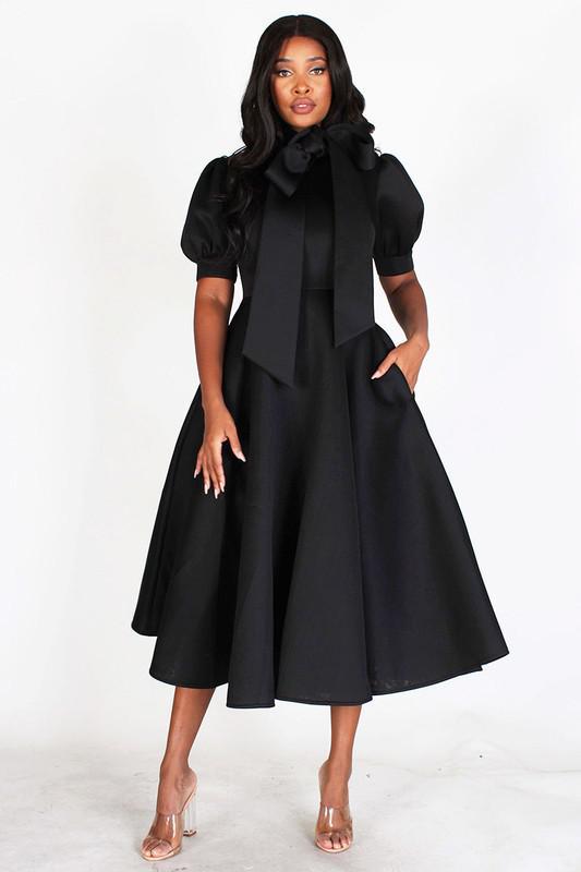 BUBBLE SLEEVE, NECK BOW, FIT AND FLAIR MIDI DRESS