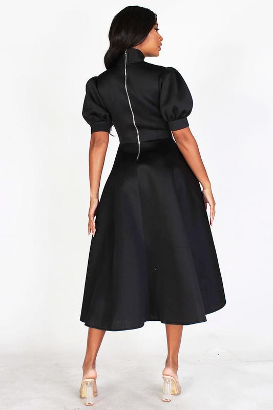 BUBBLE SLEEVE, NECK BOW, FIT AND FLAIR MIDI DRESS