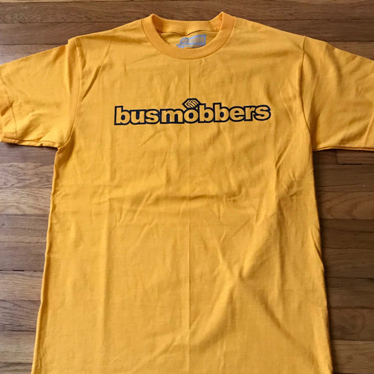 Yellow Bus mobber "standard" t-shirt  with a bus mobber type black print on the front chest area.