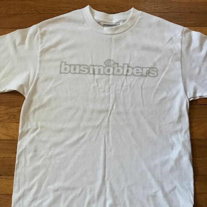 White Bus mobber "standard" t-shirt  with a bus mobber type grey print on the front chest area.