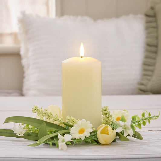 Butter Yellow Tulip & Daisy Wreath Candle Ring with 15cm TruGlow® LED Pillar Candle Bundle