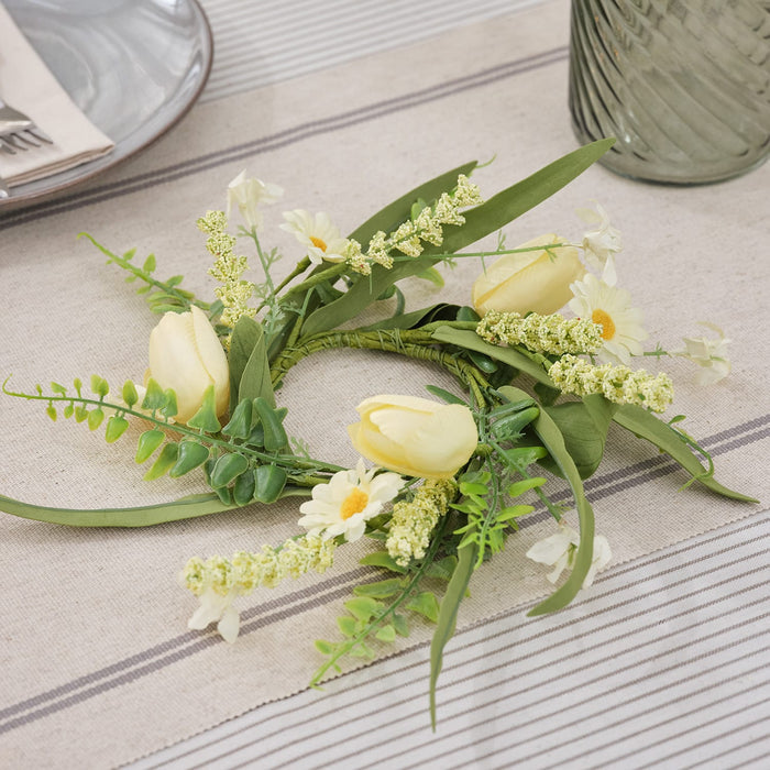 Butter Yellow Tulip & Daisy Wreath Candle Ring with 15cm TruGlow® LED Pillar Candle Bundle