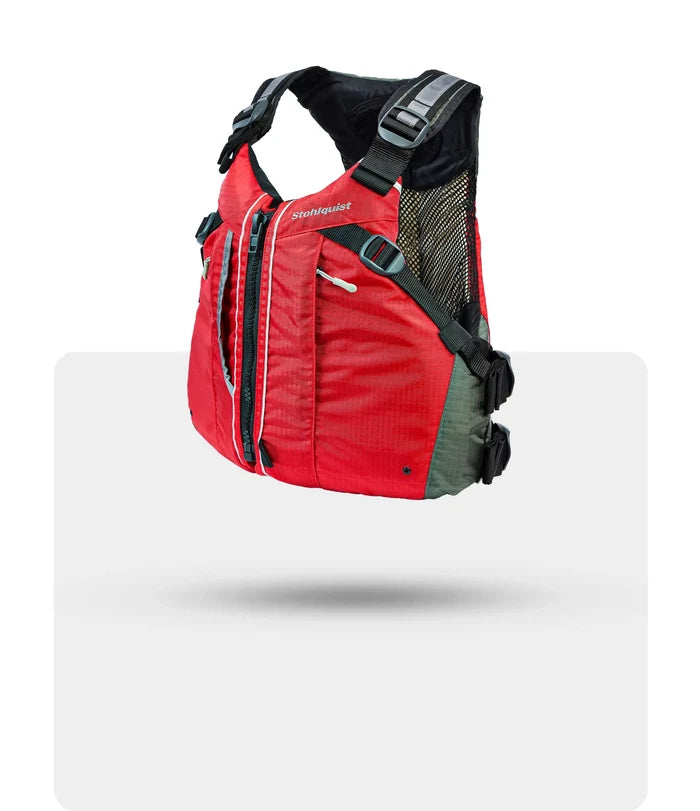 Stohlquist red kayaking life jacket with mesh back and adjustable straps on white background