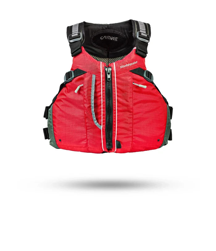 Stohlquist red kayaking and paddling life jacket with front zipper, isolated on white background.
