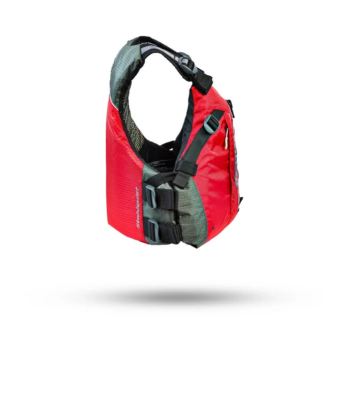 Stohlquist red kayaking life jacket with black straps and mesh back, isolated on white