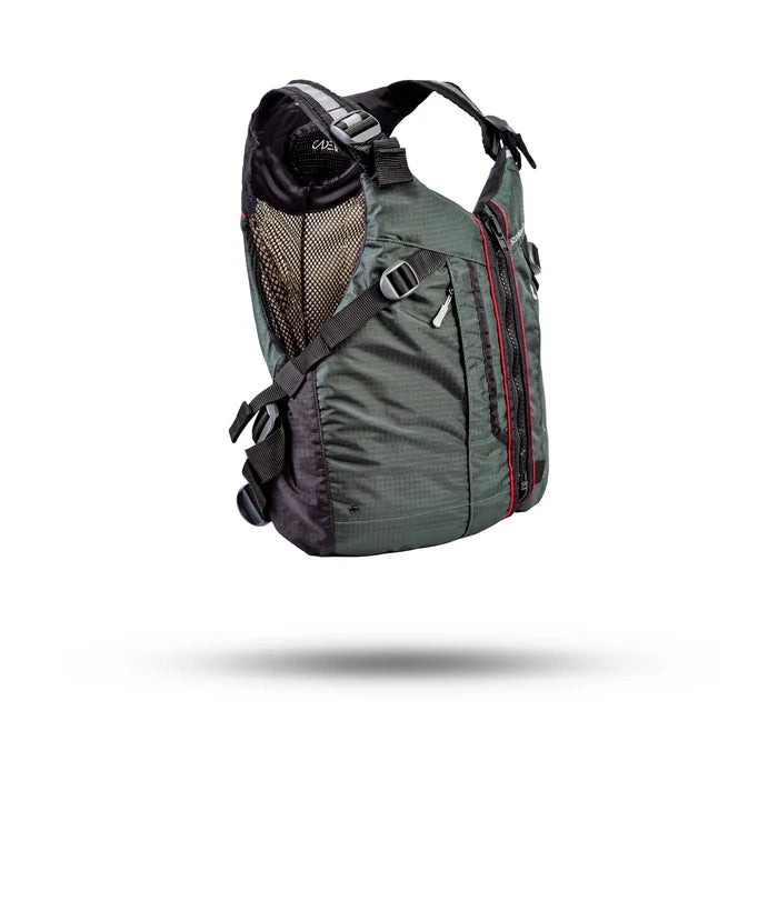 Stohlquist green kayak life jacket with mesh panel and adjustable straps, side view