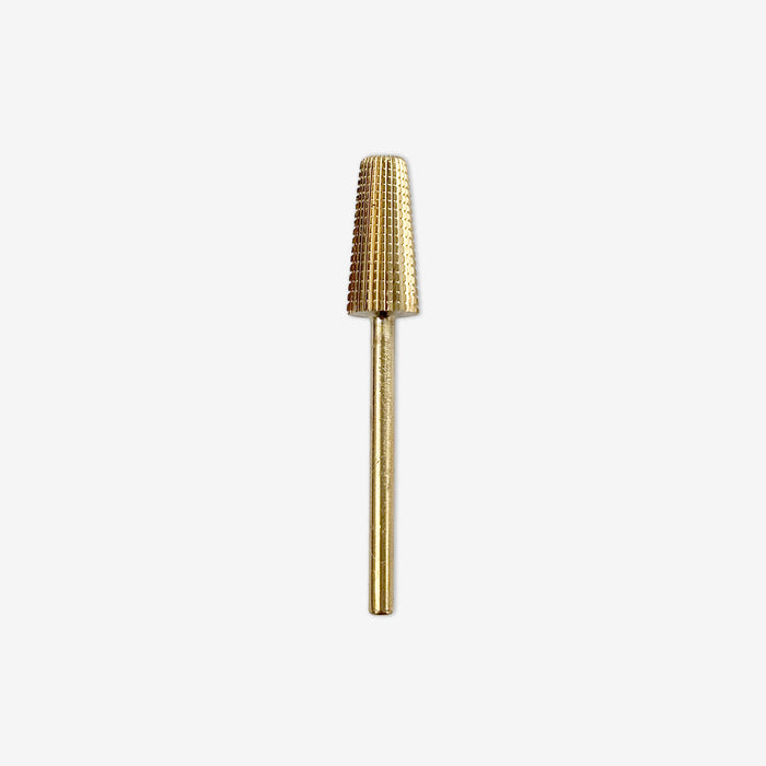 A single gold-colored carbide e-file piece. 5-1 Removal & debunking of hard gel & builder.
