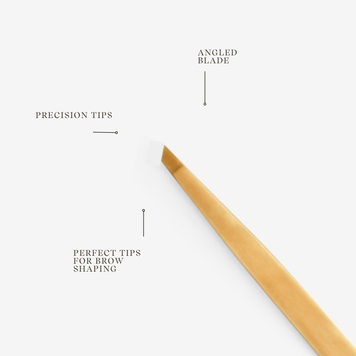 Eyebrow shaping tool with labeled features on a white background