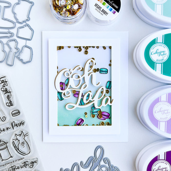 Catherine Pooler - Dies - Dreaming of France. The dies in the Dreaming of France Dies set coordinate with the fun French icons in the Dreaming of France Stamp Set. Pair the two for lots of scene building options and delight. Available at Embellish Away located in Bowmanville Ontario Canada. card design by brand ambassador.