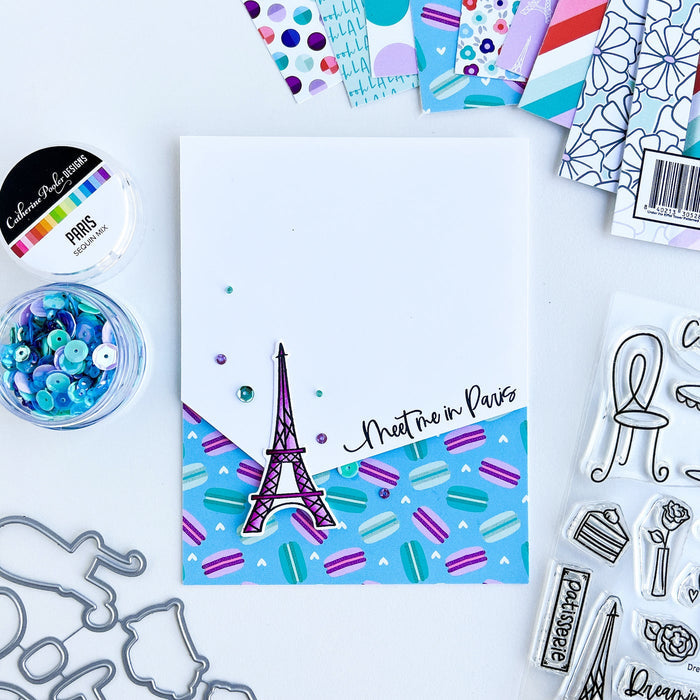 Catherine Pooler - Dies - Dreaming of France. The dies in the Dreaming of France Dies set coordinate with the fun French icons in the Dreaming of France Stamp Set. Pair the two for lots of scene building options and delight. Available at Embellish Away located in Bowmanville Ontario Canada. card design by brand ambassador.