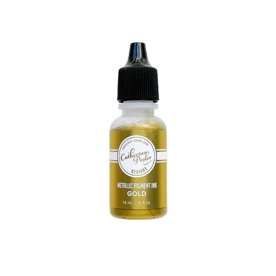 Catherine Pooler - Metallic Pigment Ink Refill - Gold. Gold certainly does glitter when it comes in the form of Metallic Pigment Ink! The Gold Metallic Pigment Ink is a warm, yellow gold and will bring bling to your next project. Available at Embellish Away located in Bowmanville Ontario Canada.