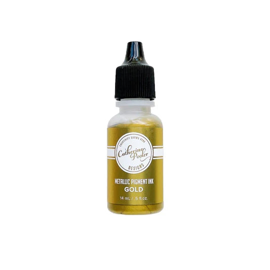 Catherine Pooler - Metallic Pigment Ink Refill - Gold. Gold certainly does glitter when it comes in the form of Metallic Pigment Ink! The Gold Metallic Pigment Ink is a warm, yellow gold and will bring bling to your next project. Available at Embellish Away located in Bowmanville Ontario Canada.
