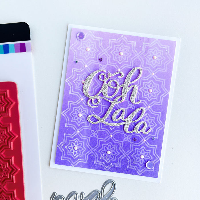 Catherine Pooler - Word Die - Ooh LaLa. Ooh Lala, this word die is divine!! The Ooh Lala is a cute addition to a card celebrating exciting news! It pairs perfectly with our Dreaming of France Stamp Set but will also be a cute focal point for a birthday or a fun way to say congrats.  Die measures approx. 2-1/2" x 3". Available at Embellish Away located in Bowmanville Ontario Canada. Card example by Catherine Pooler