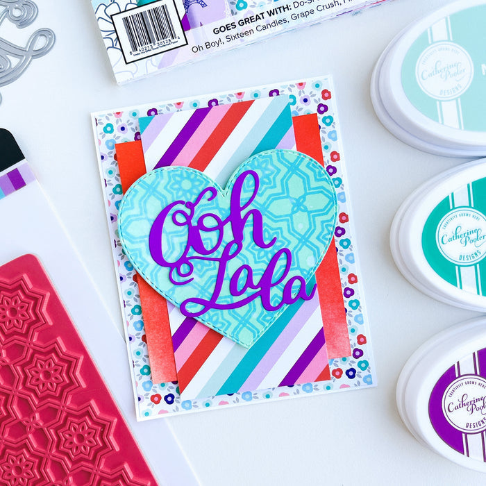 Catherine Pooler - Word Die - Ooh LaLa. Ooh Lala, this word die is divine!! The Ooh Lala is a cute addition to a card celebrating exciting news! It pairs perfectly with our Dreaming of France Stamp Set but will also be a cute focal point for a birthday or a fun way to say congrats.  Die measures approx. 2-1/2" x 3". Available at Embellish Away located in Bowmanville Ontario Canada. Card example by Catherine Pooler