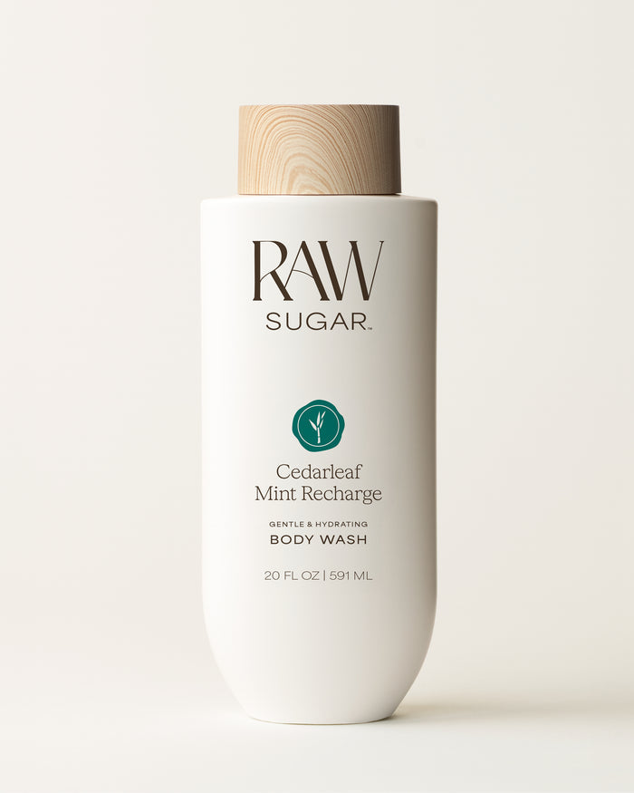 RAW Sugar Cedarleaf Mint Recharge body wash bottle on a white background