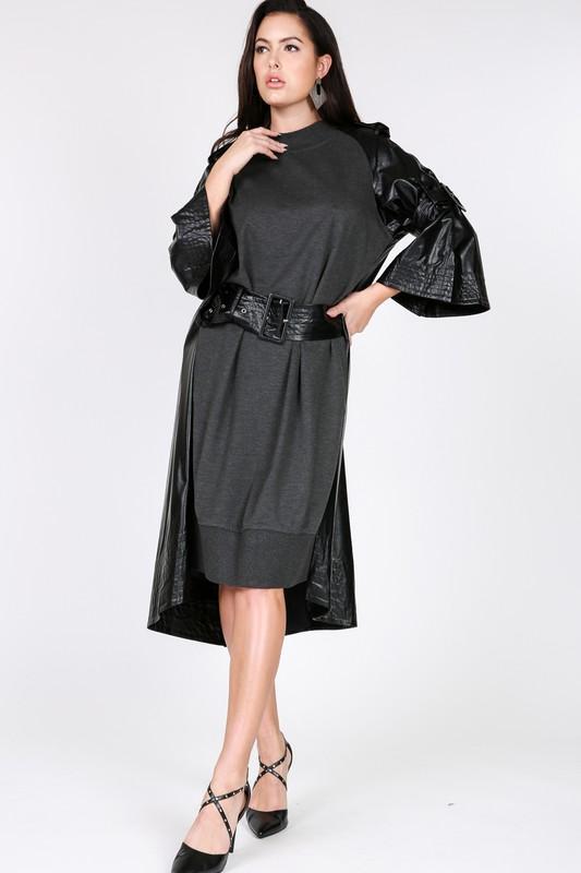 Chel's Knit Front Belted Faux Leather  Dress