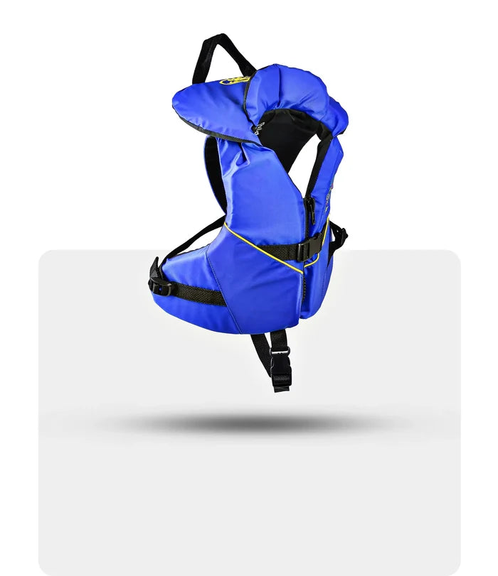 Stohlquist child blue and black life jacket, side view, for kayaking and paddling safety.