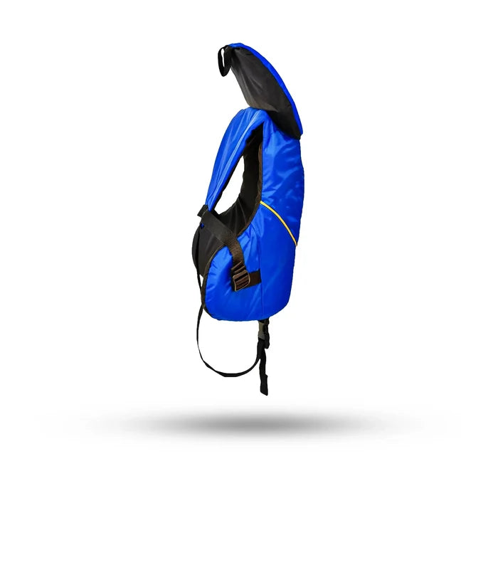 Stohlquist child blue life jacket with black straps, side view, kayaking safety gear