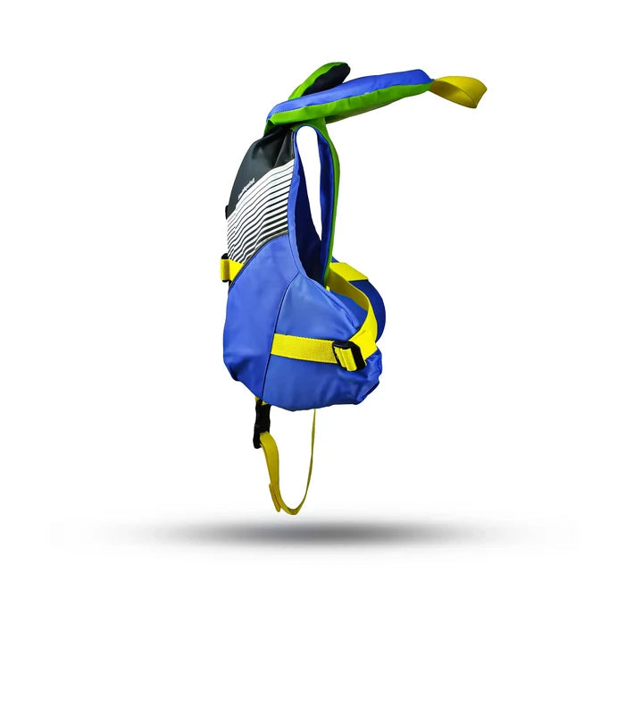 Stohlquist blue and green kids' kayaking life jacket with yellow straps, side view