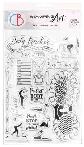 Ciao Bella - Clear Stamp Set 4"x6" - BuJo Fitness. These high quality clear photopolymer stamps are manufactured using a patented photopolymer and UV light exposure, this way they are able to achieve a higher level of detail. They are also designed to achieve optimum performance ensuring you get the highest quality possible. Available at Embellish Away located in Bowmanville Ontario Canada.