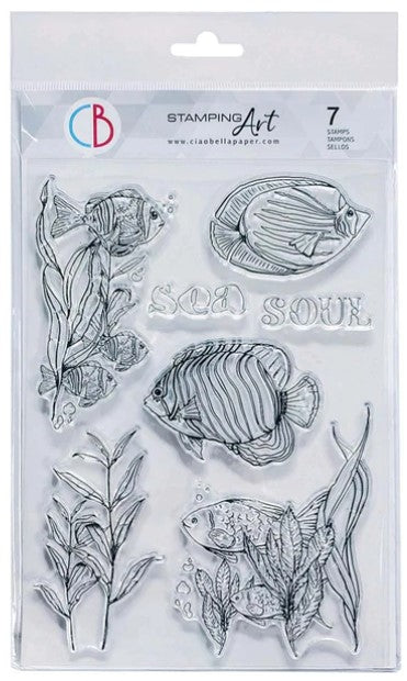Ciao Bella - Clear Stamp Set 6"x8" - Soul Of The Sea. Get ready to get your dreamy and romantic side on. This collection is in the many wonderful shades of a marine palette, and will take you into the romance season. Sometimes alien worlds meet and love looks to be impossible. But when love is both “a calm sea and a great tempest” it always finds a way. Available at Embellish Away located in Bowmanville Ontario Canada.