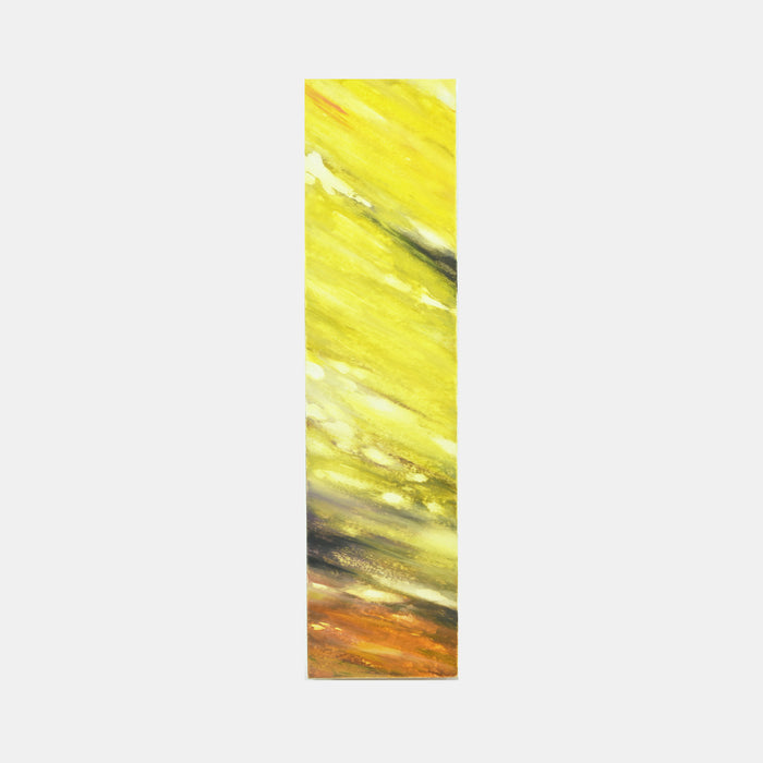 The artwork 'Colored Leaves II' by Takashi Harada features a vertical composition with dynamic brushstrokes transitioning from bright yellow to earthy orange. Created on Kozo Washi paper using acrylic gesso and cray pastel, the piece showcases abstract patterns reminiscent of autumn foliage, with bold diagonal strokes creating movement and depth. By Takashi Harada.