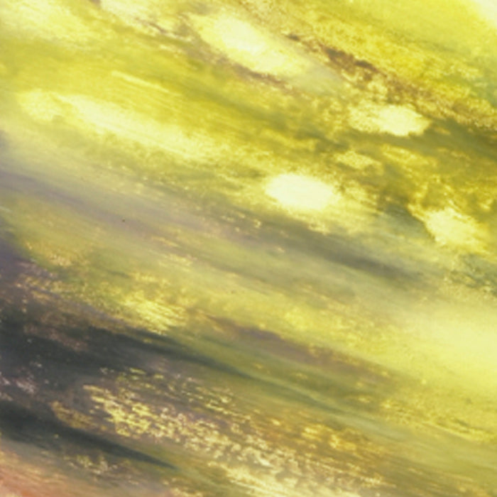 The artwork 'Colored Leaves II' by Takashi Harada features diagonal brushstrokes in luminous yellow-green hues blending into darker earthy tones, creating an abstract impression of sunlight filtering through foliage. The acrylic gesso and cray pastel on Kozo Washi paper create a textured, ethereal effect with seamless color transitions.