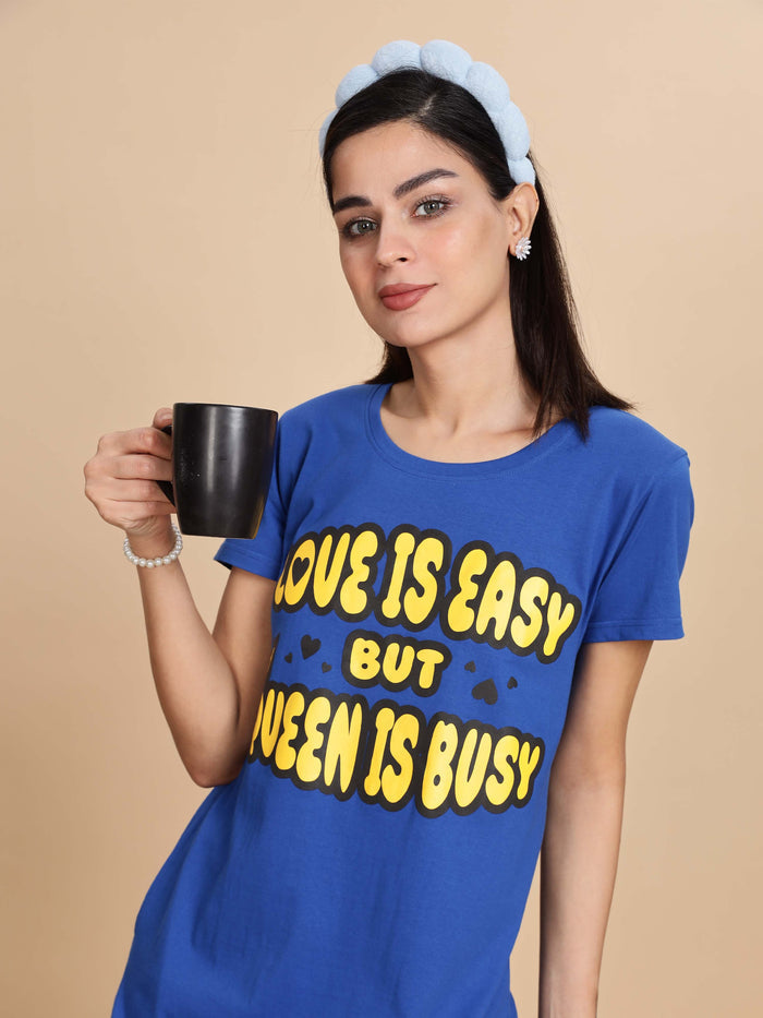 Berry Blue Printed Cotton Short Nighty For Women