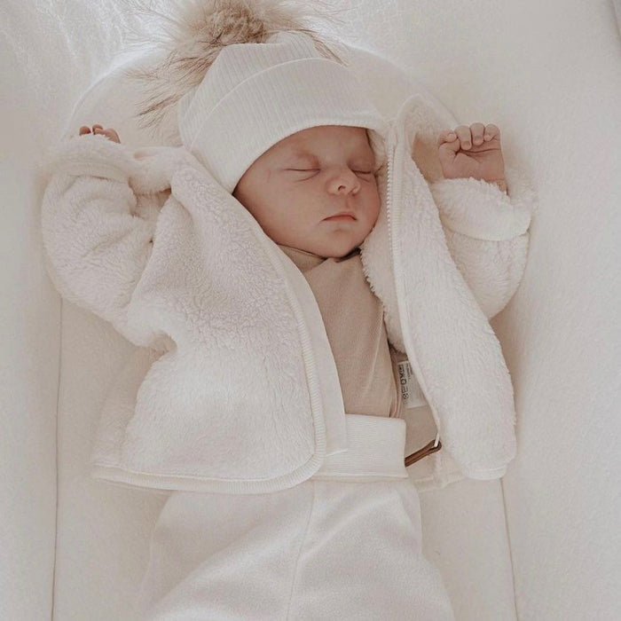 Cream Ribbed Faux Fur Pom Pom Hat and Infinity Scarf