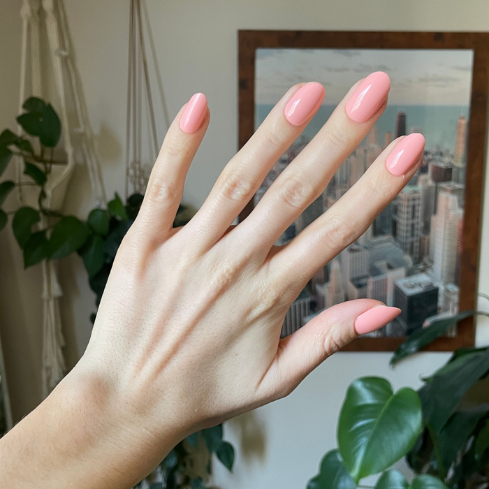 Creamsicle | Medium | Oval - Tab Press-On nails in glossy pastel orange on natural hand with indoor plants and cityscape background