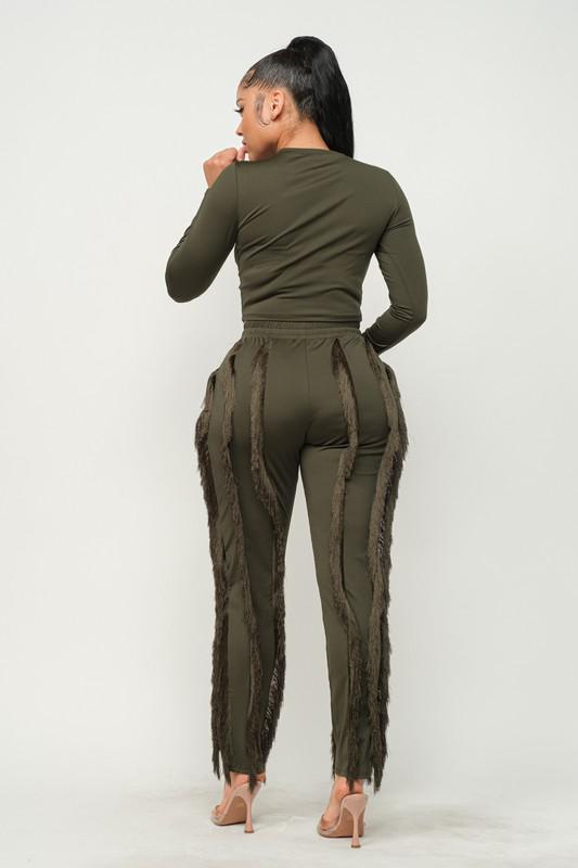 Crop Top And Fringes Detail Pants Set