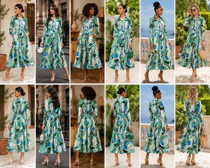 Crowned Belted Print Midi Dress