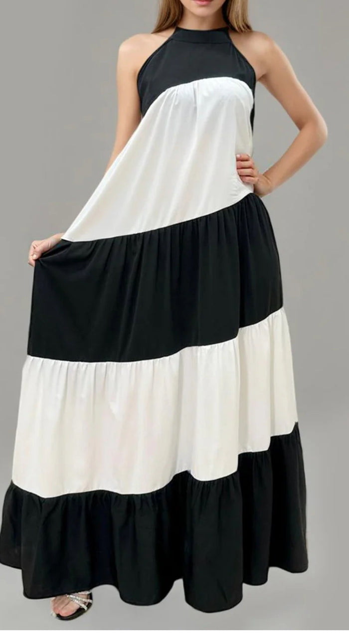 Crowned Colorblock Halter Maxi Dress