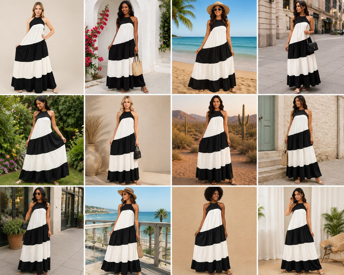 Crowned Colorblock Halter Maxi Dress