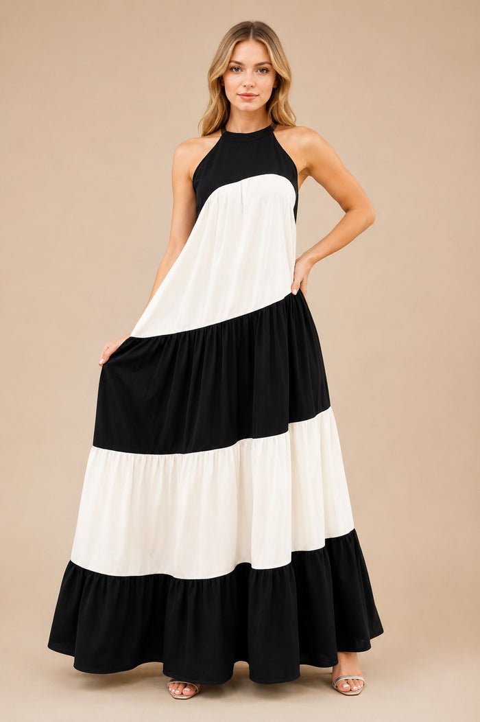 Crowned Colorblock Halter Maxi Dress