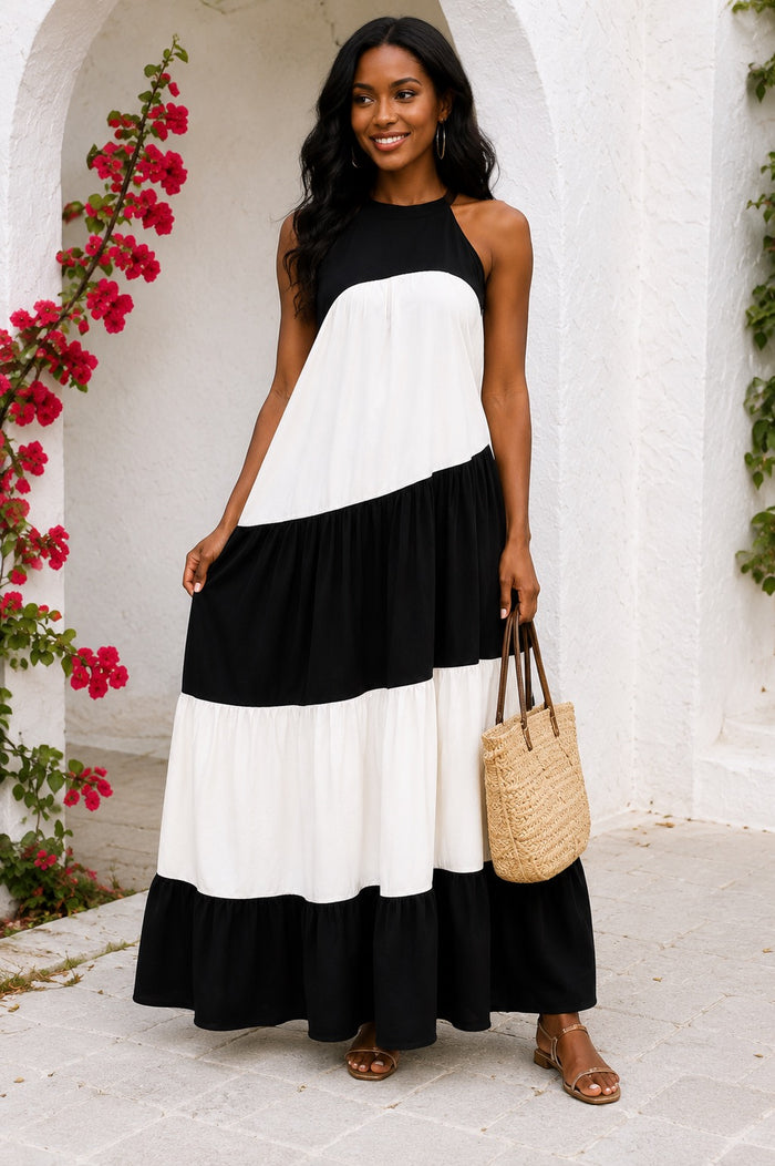 Crowned Colorblock Halter Maxi Dress