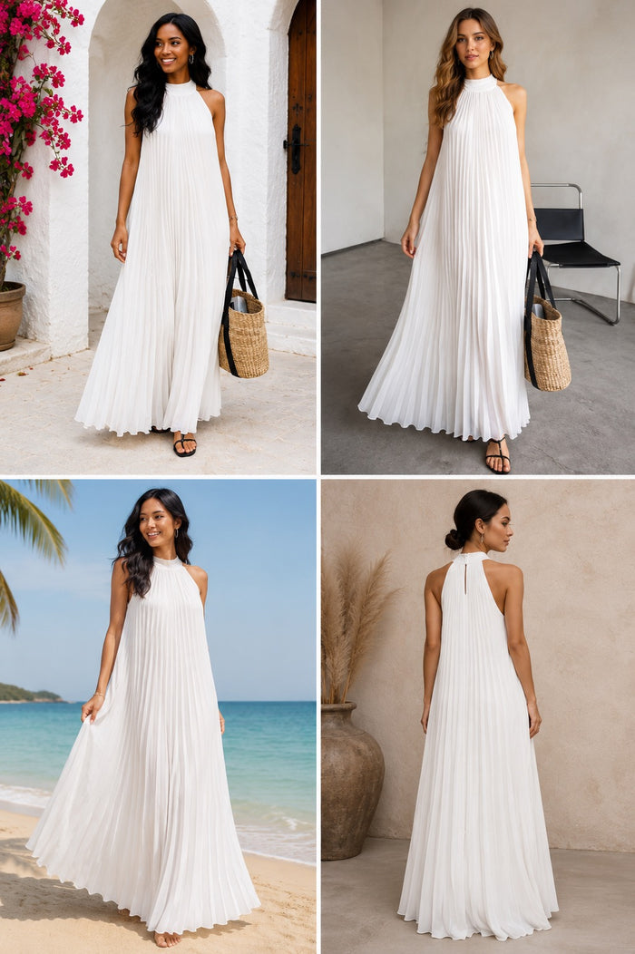 Crowned Pleated Halter Maxi Dress