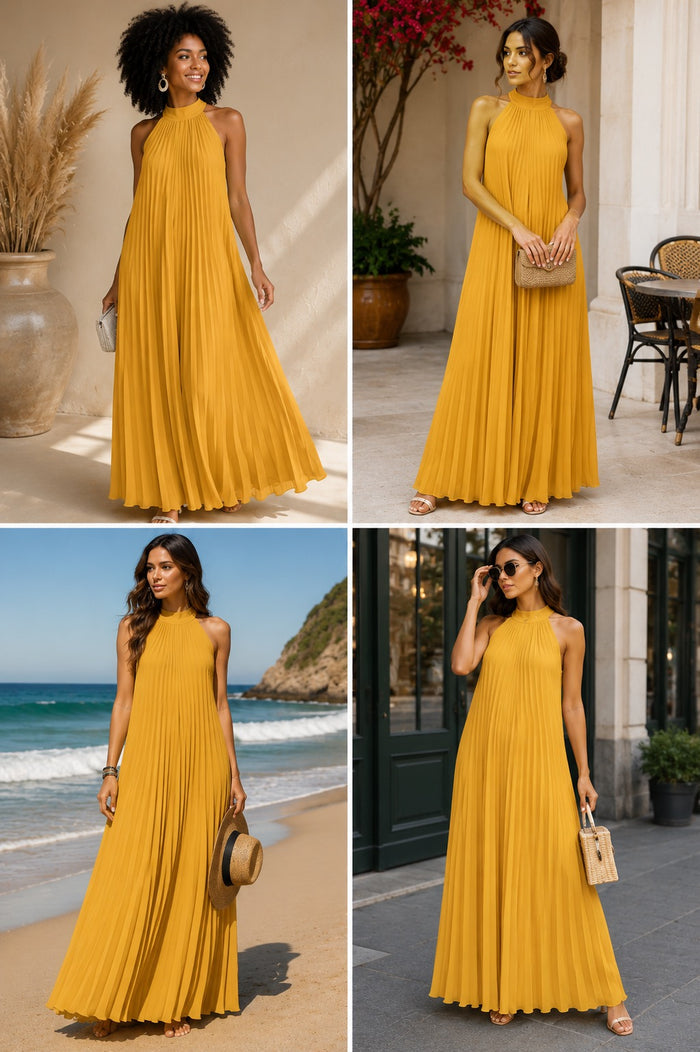 Crowned Pleated Halter Maxi Dress