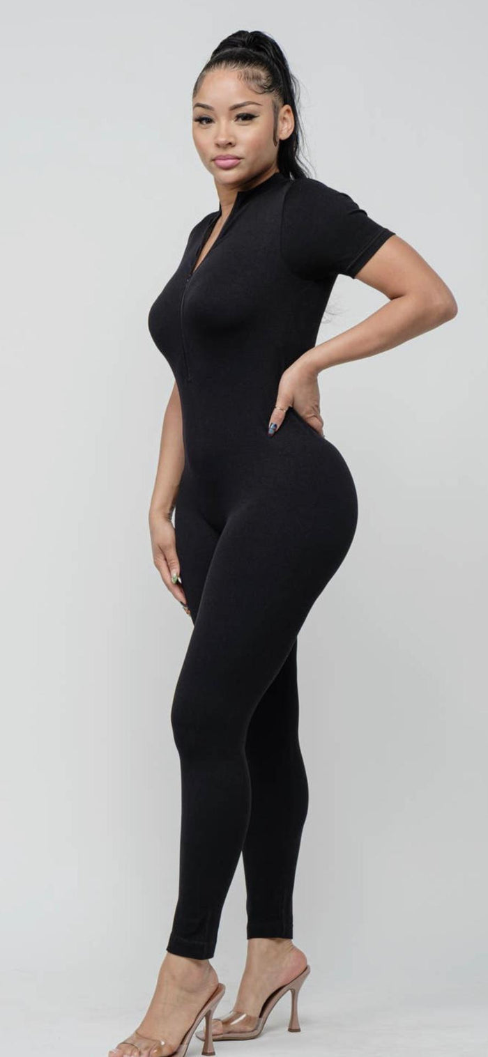 Crowned Seamless Font Zipper Mock Neck Jumpsuit