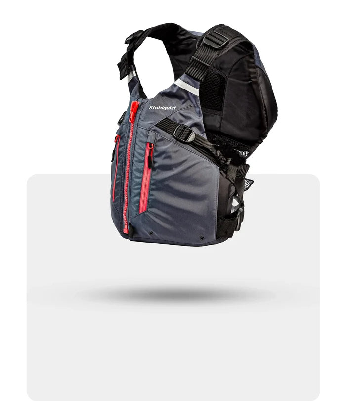 Stohlquist gray and coral kayaking life jacket with front zip and adjustable straps