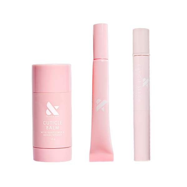 Cuticle Rescue Set with three hydrating treatments designed to nourish, heal, and soften cuticles for manicures.