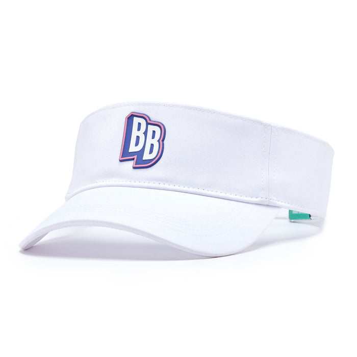 The Da 90's - Visor is a white sports visor with a curved brim and an embroidered blue and red "BB" logo on the front, crafted from performance material. It includes a small green tag on the right side for a clean, minimal look.