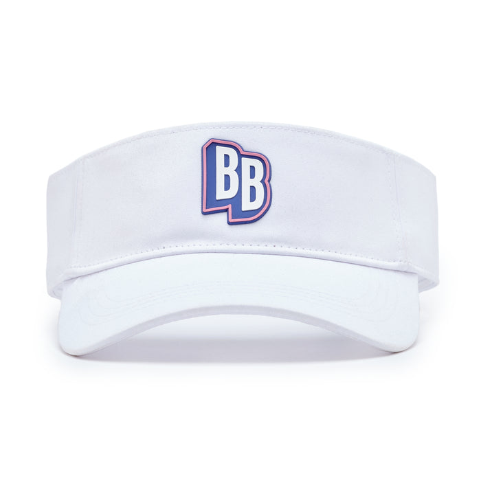 The Da 90's - Visor is a white performance visor with a wide band and curved brim. The front showcases a blue and purple outlined BB logo in block letters, centered on the plain, light-colored background.