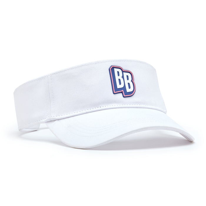 The Da 90's - Visor is a white performance fabric visor with a curved brim and adjustable back. It features a blue and white stylized BB logo outlined in red on the front and is shown angled slightly right on a white background.