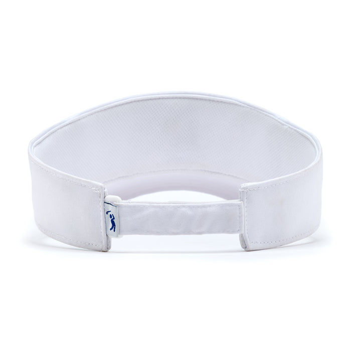 The Da 90's - Visor is a white sports visor seen from the back, with a soft, breathable performance fabric. It features ventilated panels, a hook-and-loop strap closure, and a small blue logo on the left side of the strap.